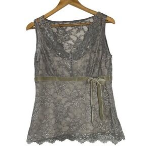 LOFT Y2K Sheer Lace Top‎ Size 8 Fairy V-Neck Shimmer Velvet Bow Forest Fairy